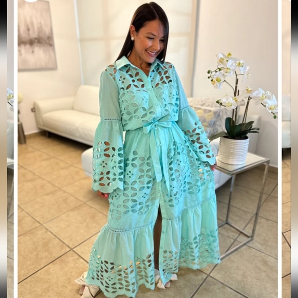 Free People Dresses & Skirts - Tiffany Blue Eyelet Button-Down Dress